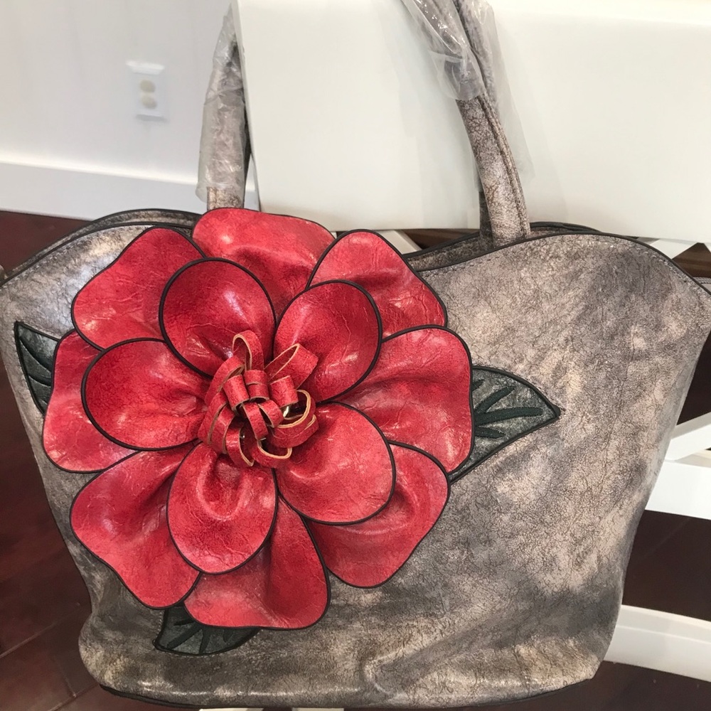 Charcoal Leather Rose Petaled Purse Bag New!